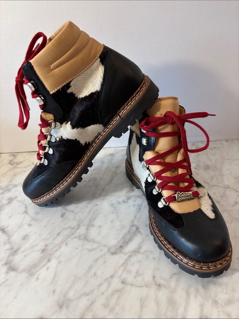 Ammann Valbella Women's Black & Tan Cowhide Hiking Boot with Red Laces, NEW US 9